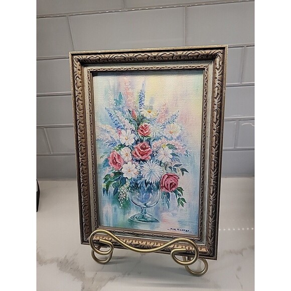 Original Oil Painting On Canvas Floral Still Life Framed Signed 8.5' x 5.5" art - Picture 3 of 4